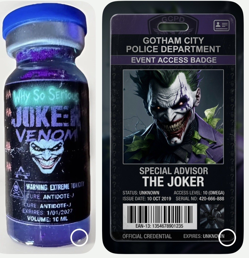 10ml Joker Venom Glowing Prop vial & Joker ID card inspired by the DC Comics