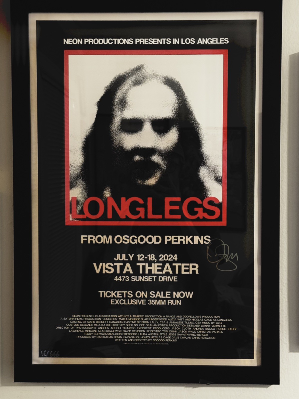 LONGLEGS Vista Poster 16×24 Signed by Osgood Perkins 16/666