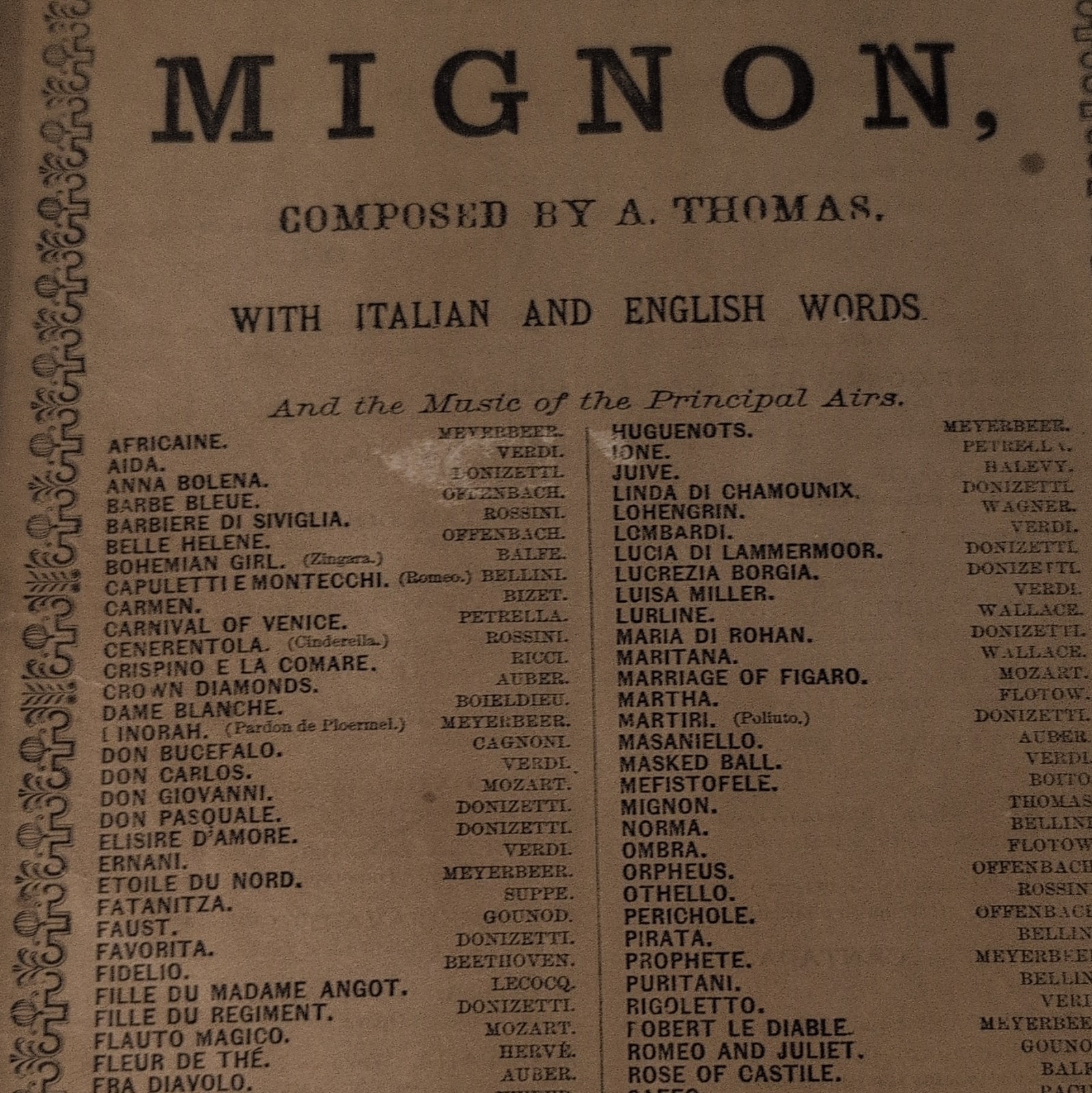 Opera Mignon Libretto/Publication – French & English Words, Principal Airs Music