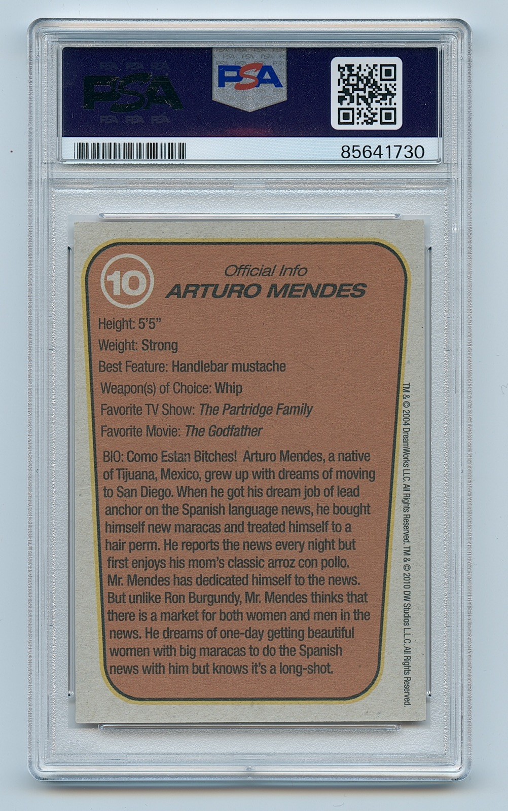 Ben Stiller Signed Autographed Anchorman Card Arturo Mendes #10 Psa/Dna Slabbed