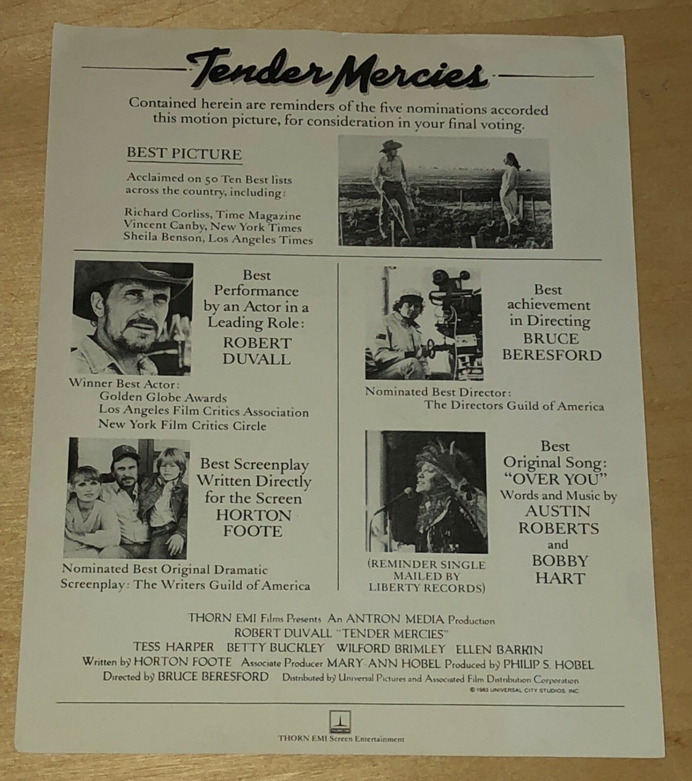 Tender Mercies 1983 Film Ad For Your Consideration Academy Awards Robert Duvall