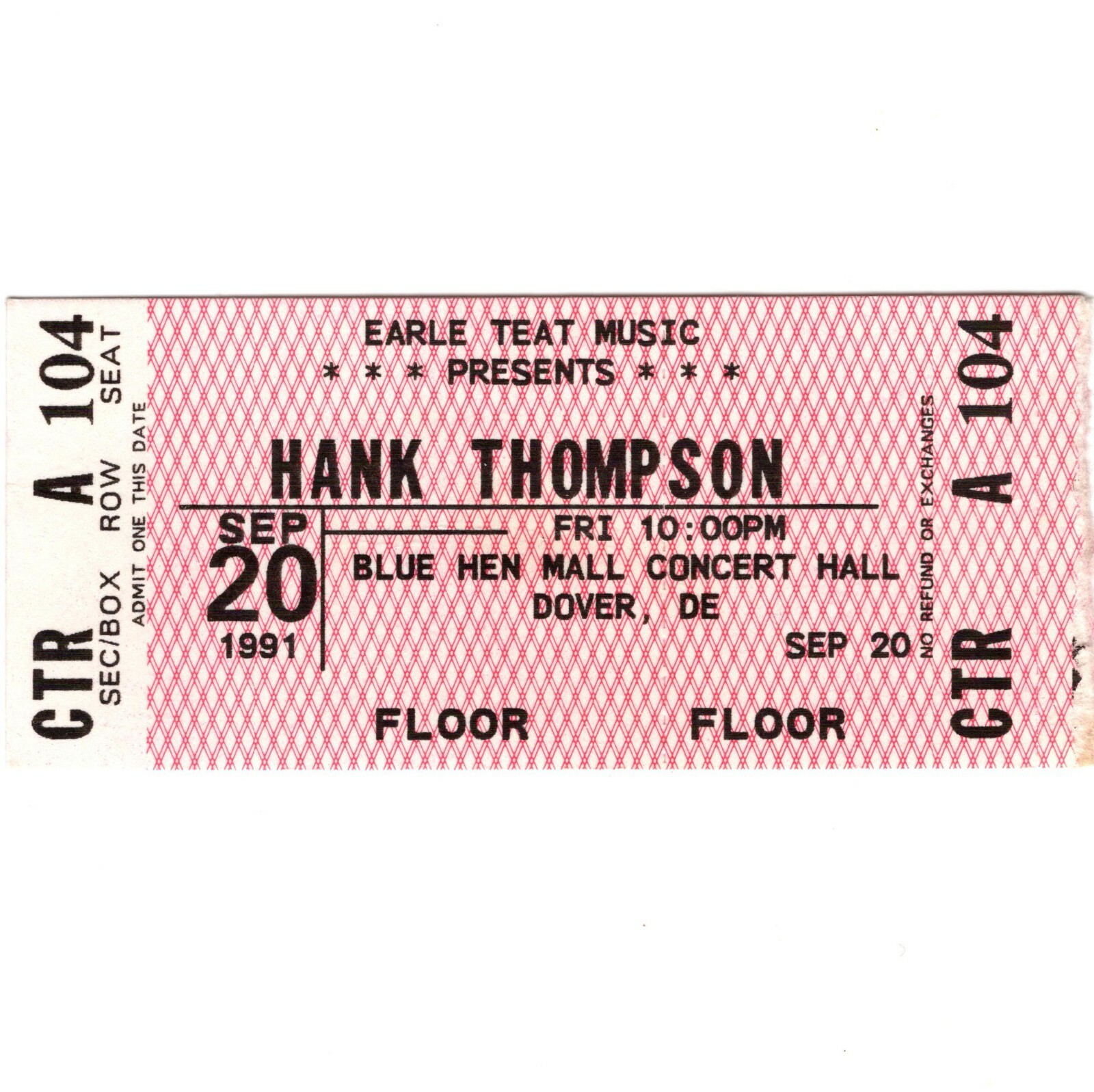 HANK THOMPSON Concert Ticket Stub DOVER DELAWARE 9/20/91 BLUE HEN MALL HALL Rare