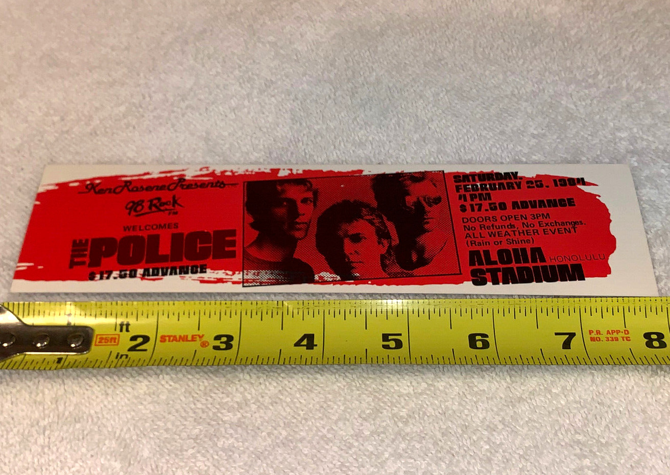 The Police Stevie Ray Vaughan Bryan Adams 1984 CONCERT TICKET ALOHA Sting
