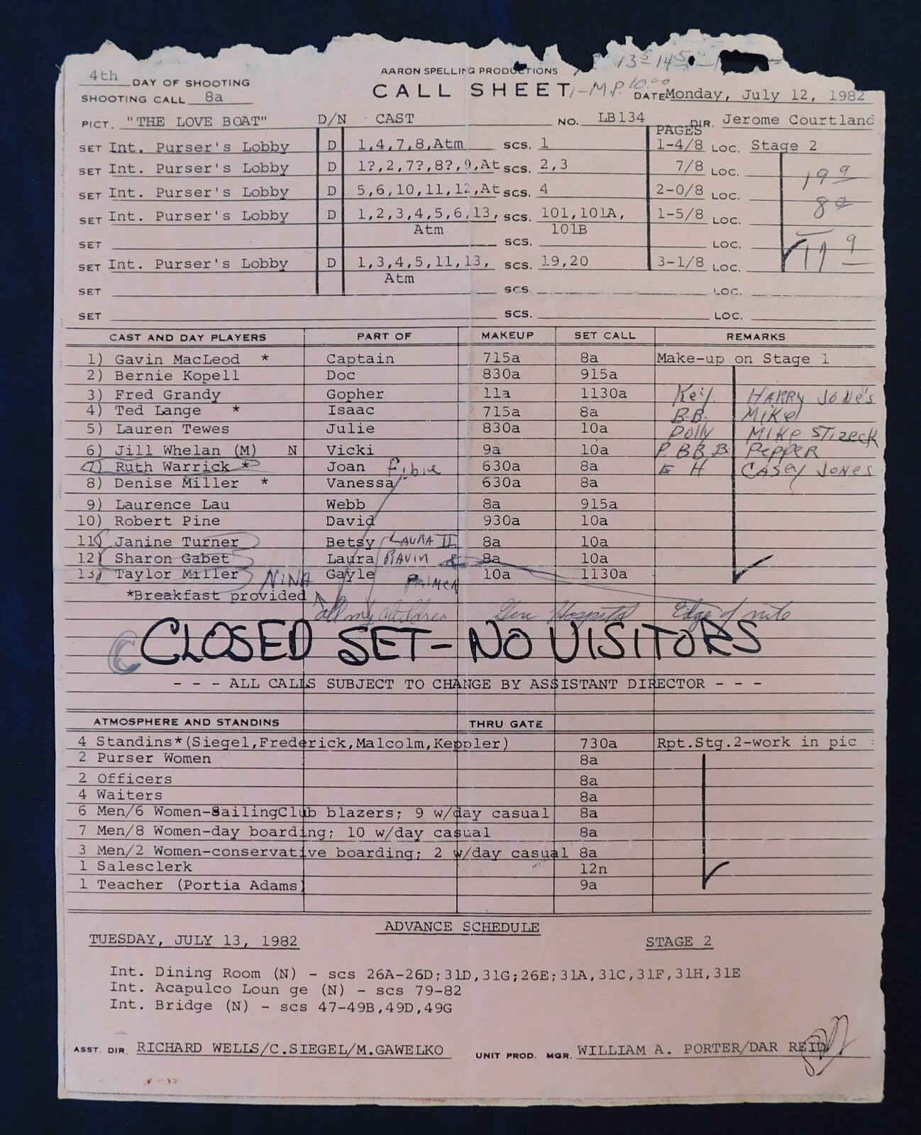 The Love Boat 1982 Vintage Filming Call Sheet – Mixed Days – Gavin MacLeod