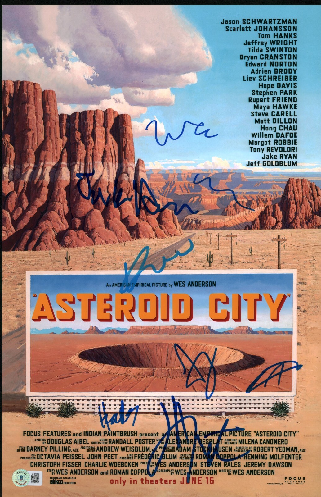 Asteroid City Signed Cast Mini Poster 11×17 Wes Anderson +6 BECKETT BAS COA