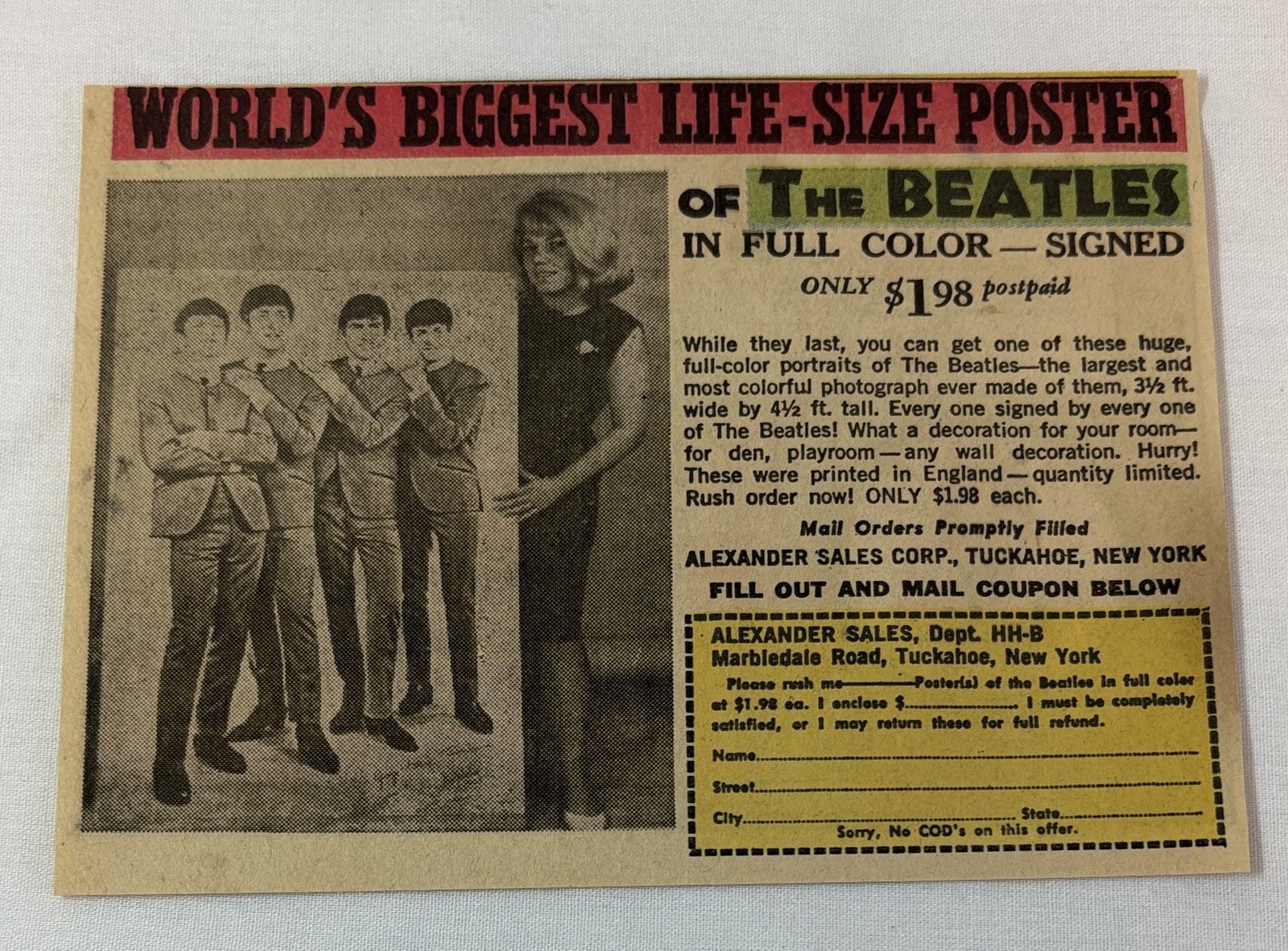 1965 newsprint ad ~ 4.5×6 inches ~ THE BEATLES LIFE SIZED POSTER