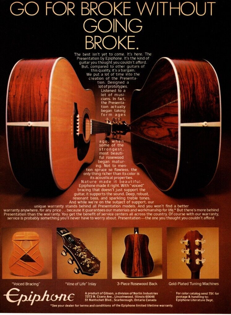 1979 EPIPHONE GUITARS PRINT AD ROSEWOOD, COUNTRY MUSIC EQUIPMENT PRINT AD