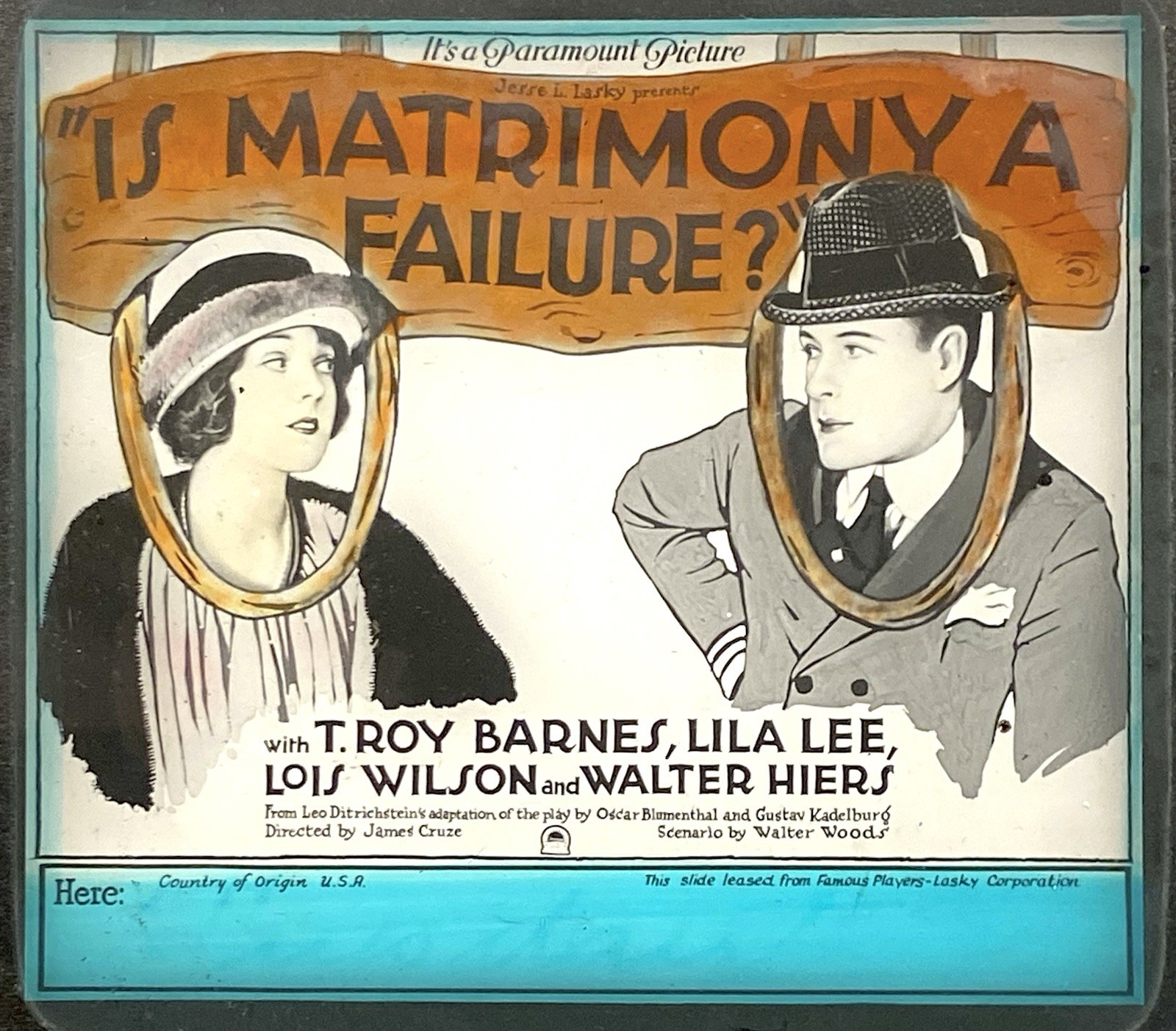 IS MATRIMONY A FAILURE? – Vintage 1922 LILA LEE Silent Film – MOVIE GLASS SLIDE