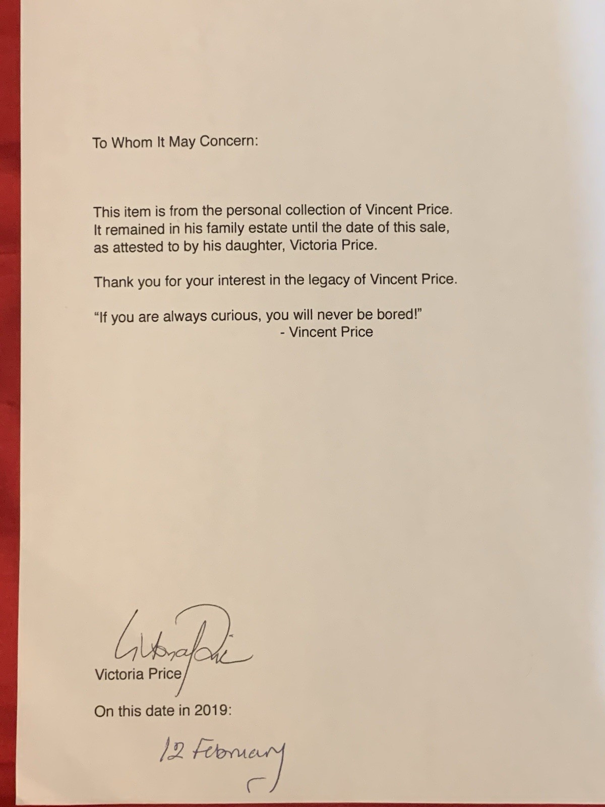 Vincent Price Estate Signed Book From Isabelle Buckley. Mentions daughter! 17c