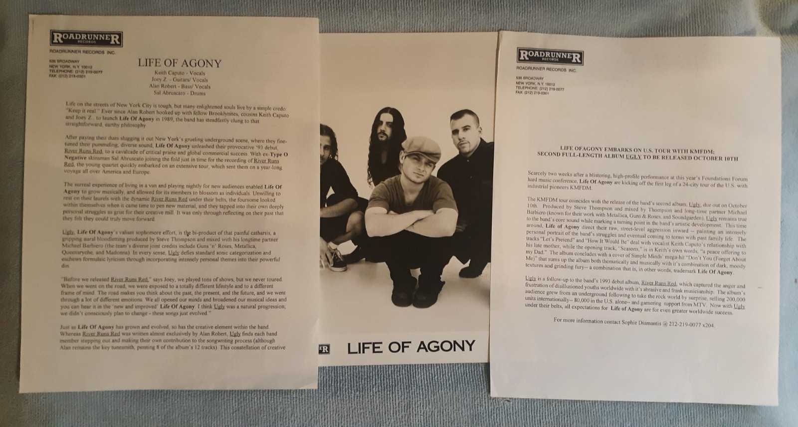 Life Of Agony 1995 Band Bio, KMFDM Tour Dates, 8×10 Pic Roadrunner Records