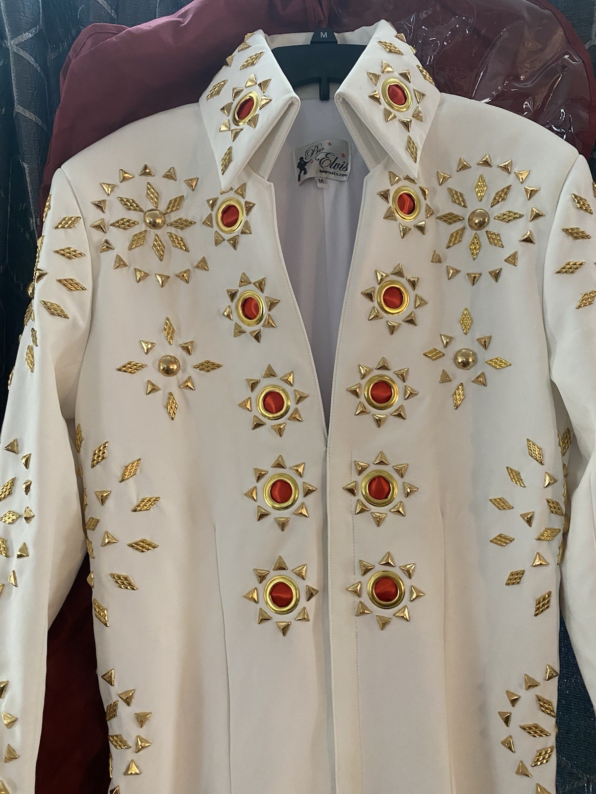 Elvis Presley White Jumpsuit Costume Gold Studs Red Gem Accents Zip Front M