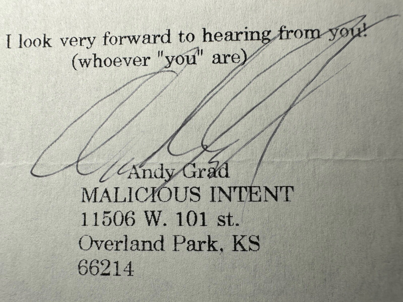 VINTAGE MALICIOUS INTENT THRASH DEATH METAL PROMO LETTER KANSAS MUSIC HISTORY