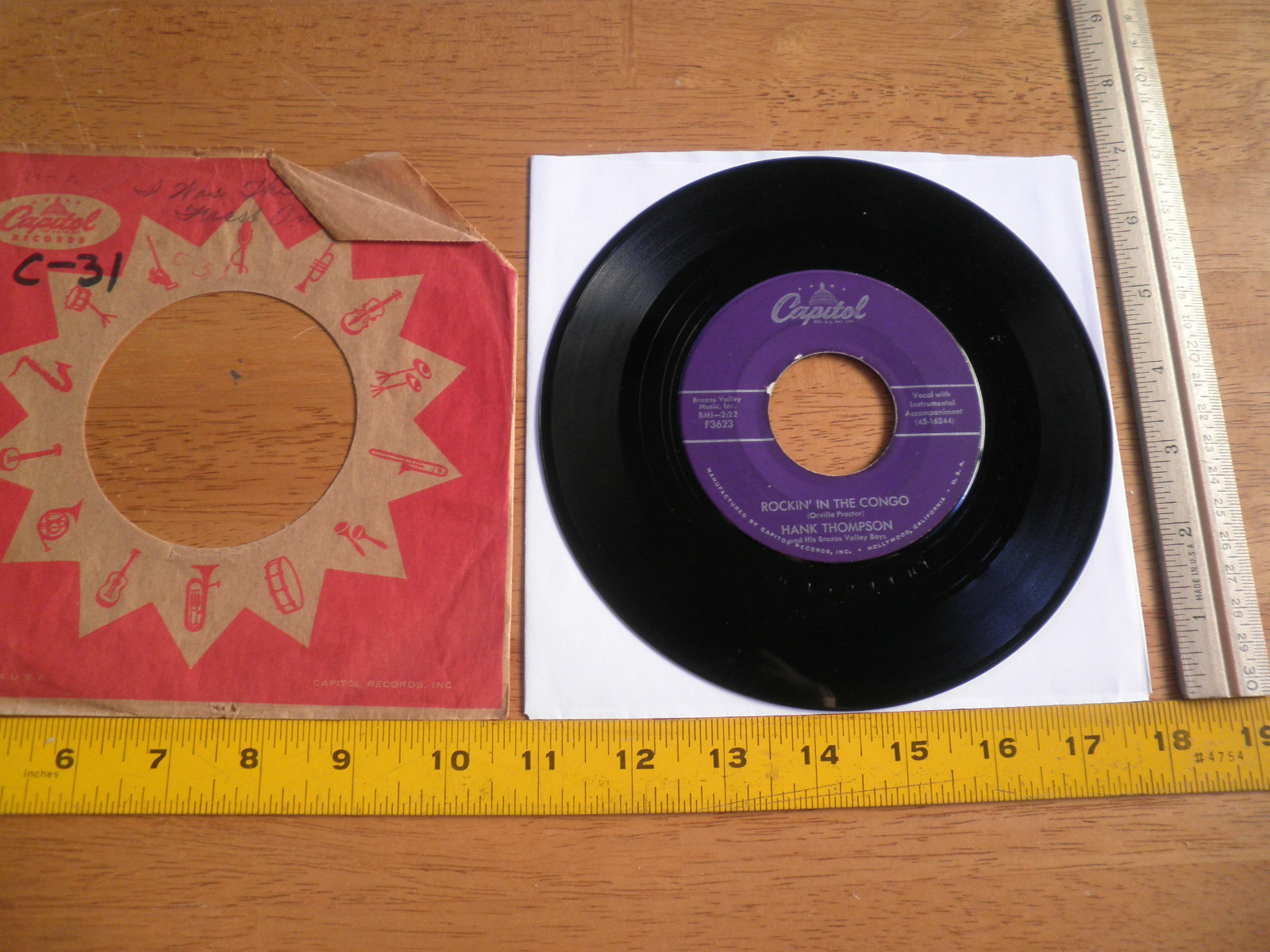 1957 Hank Thompson Capitol Records 3623 45 RPM VG+ Rockin in the Congo