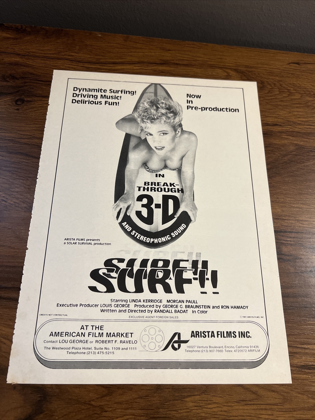 1981 VINTAGE 8.75X11.75 MOVIE PROMO PRINT Ad FOR SURF!! IN 3-D LINDA KERRIDGE