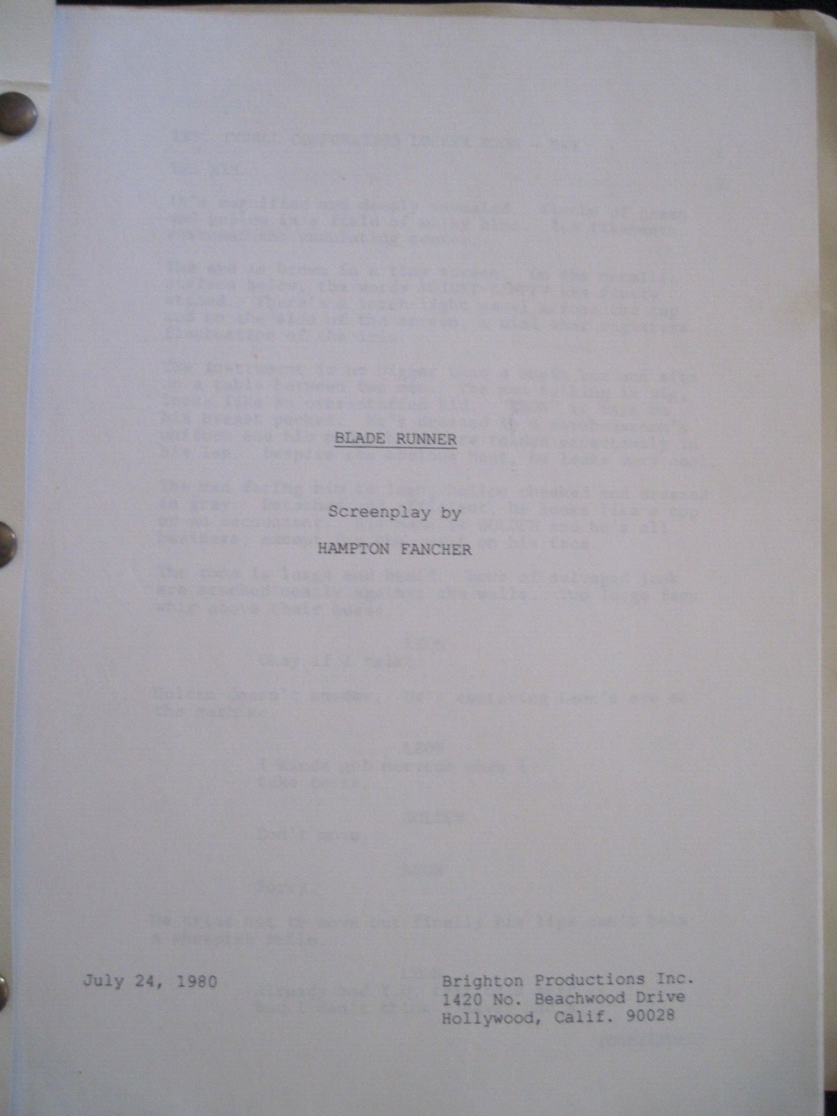 ORIGINAL SCRIPT for BLADE RUNNER – RIDLEY SCOTT, HARRISON FORD SCI-FI FILM