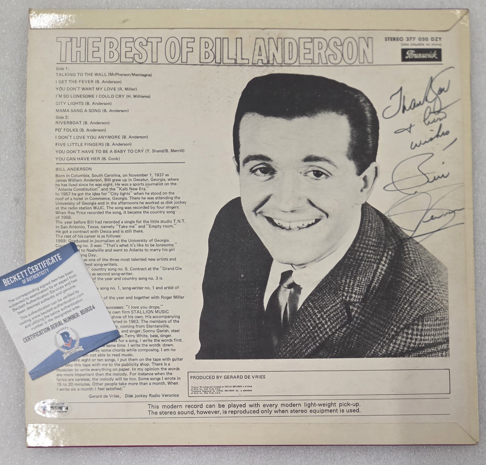 BILL ANDERSON BAS BECKETT COA SIGNED RECORD AUTOGRAPHED THE BEST OF ALBUM VINYL