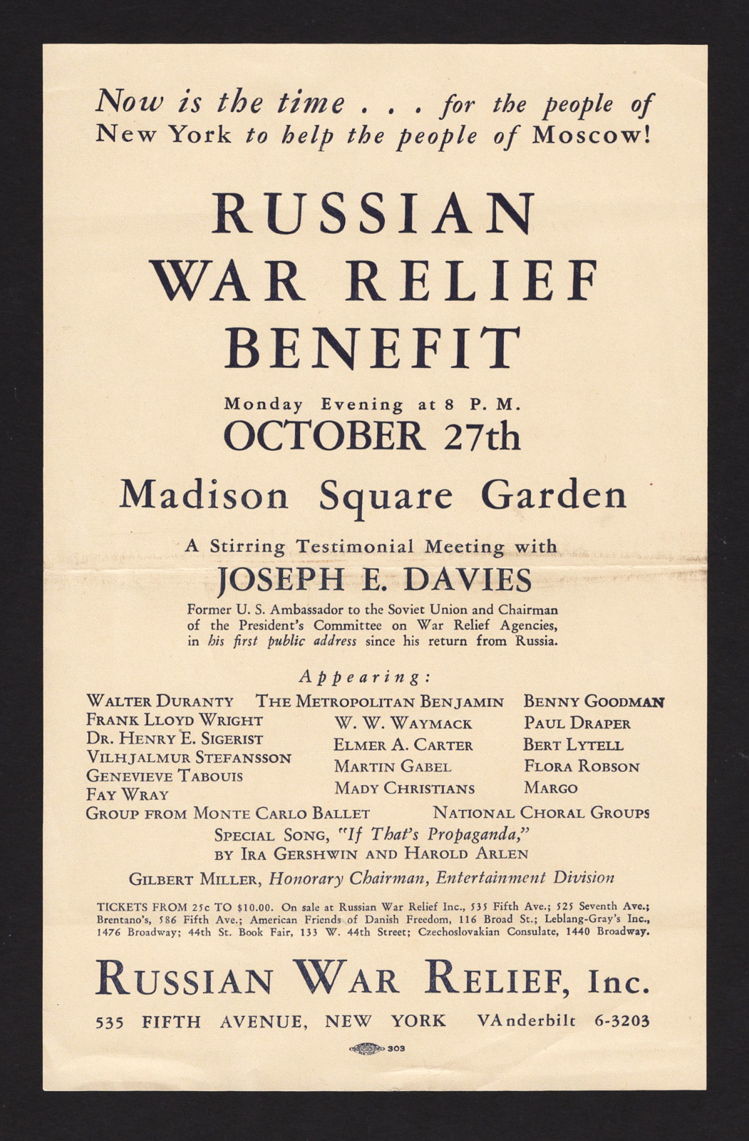 Harold Arlen RUSSIAN WAR RELIEF BENEFIT Ira Gershwin / Benny Goodman 1941 Flyer