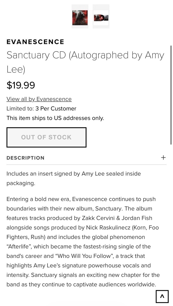 EVANESCENCE Sanctuary CD SIGNED Insert Autographed by Amy Lee NEWBURY Comics