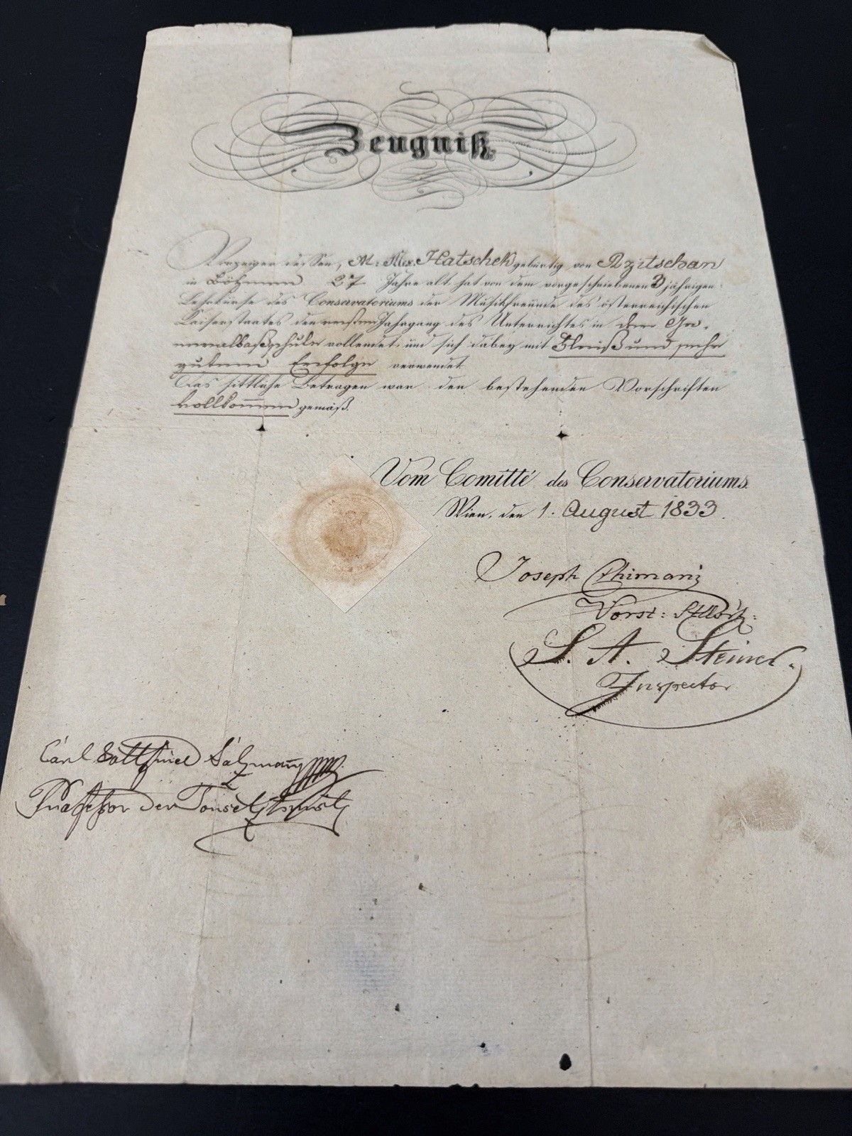 1833 Vienna Conservatory Music Certificate Diploma Autograph Composition Salzman