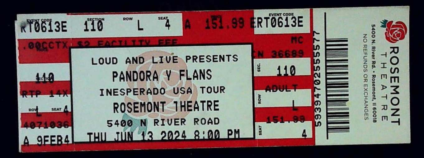 Pandora Flans Inseperado USA Tour Concert Ticket Stub Rosemont Theatre 6/13/2024