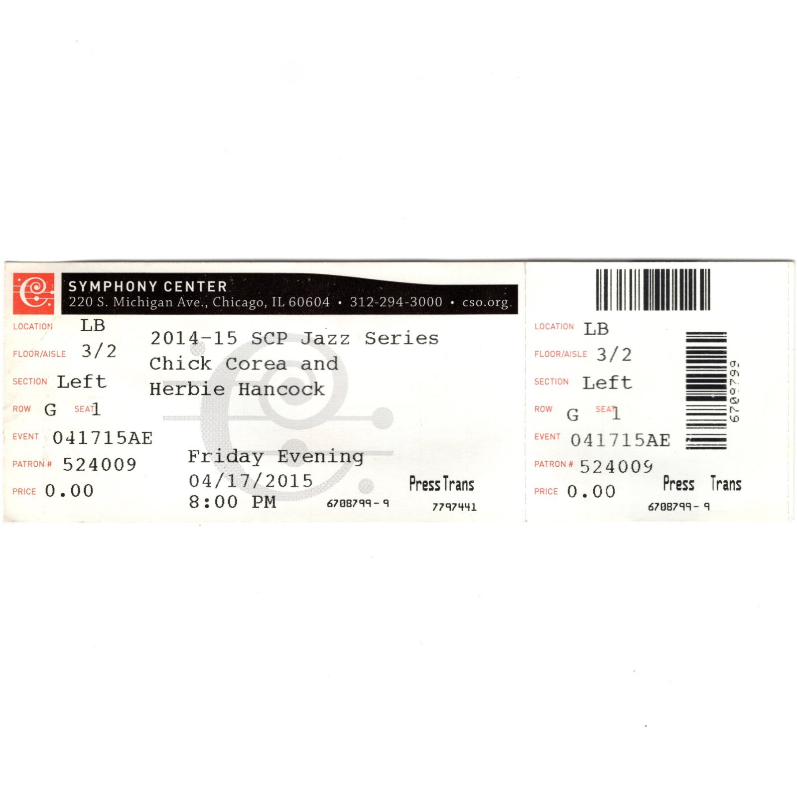 CHICK COREA & HERBIE HANCOCK Concert Ticket Stub CHICAGO 4/17/15 SYMPHONY CENTER