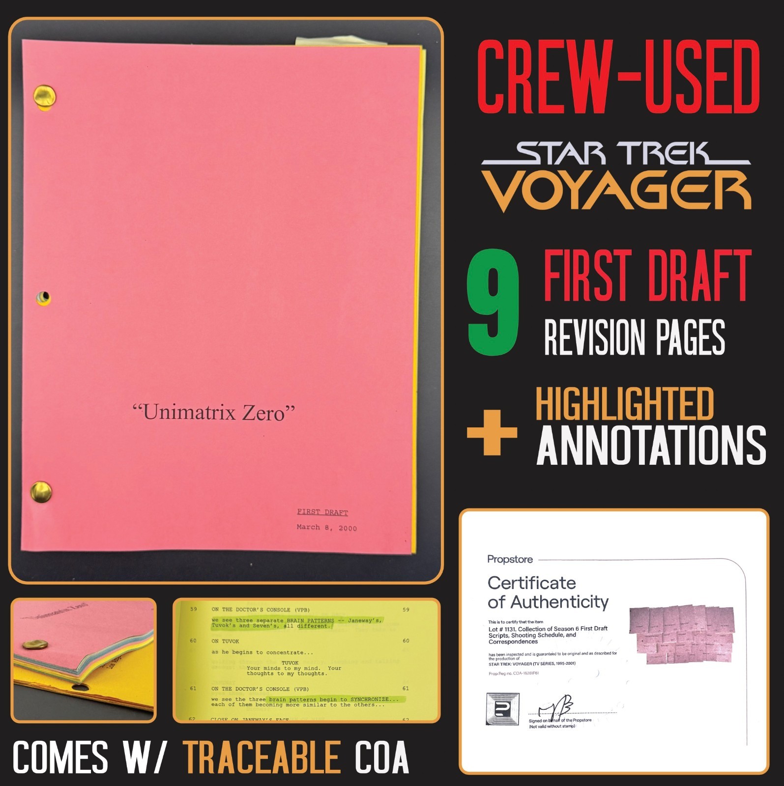 Star Trek Voyager Script LOT Annotated +FINAL DRAFT Revisions +COA Unimatrix 0
