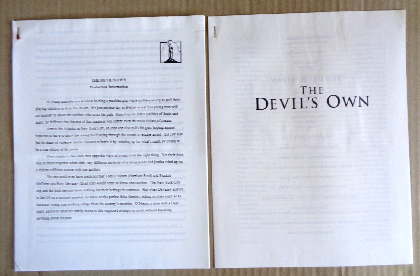 The Devil’s Own 1997 press kit Harrison Ford Brad Pitt Alan J. Pakula