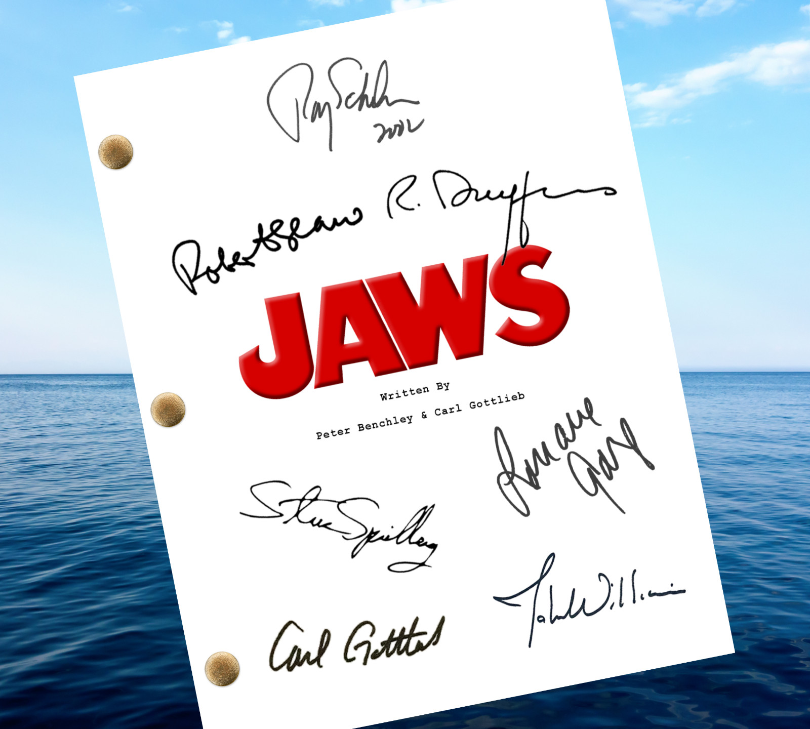 Jaws Signed Script Reprint Script with, Roy Scheider, Richard Dreyfus & 8X10 Pic