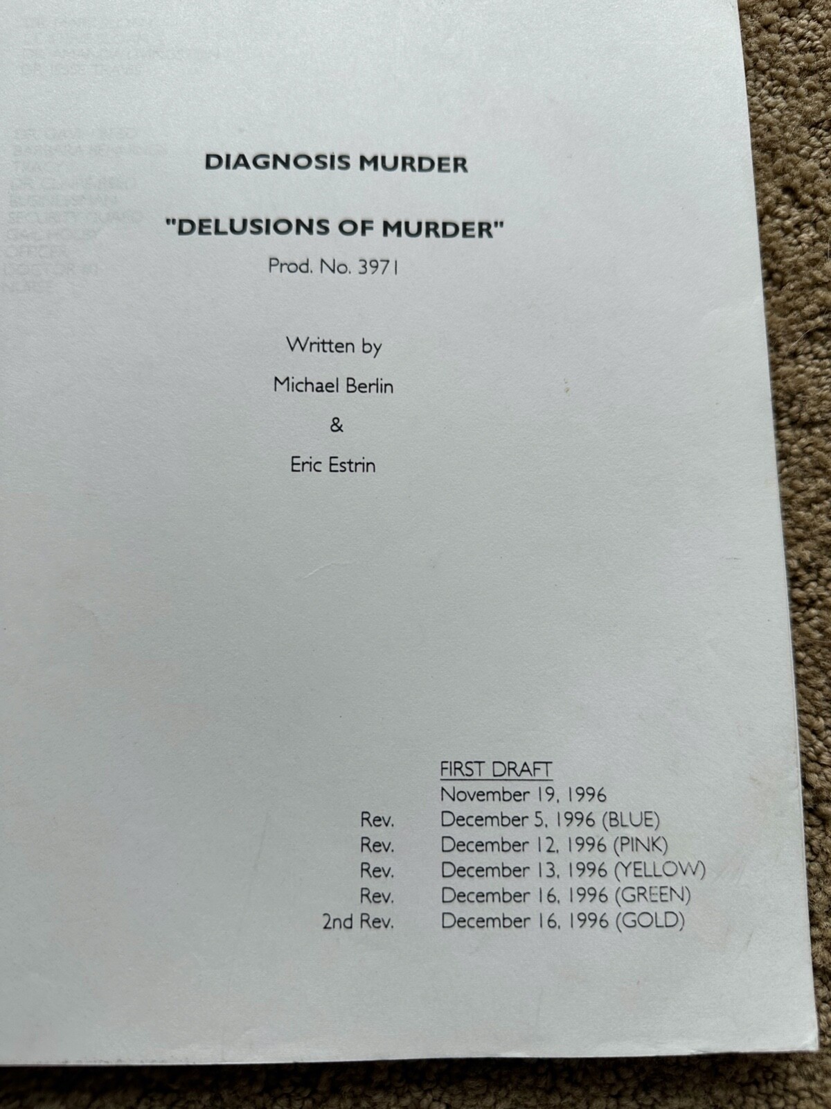 DIAGNOSIS MURDER TV SHOW SCRIPT EPISODE DELUSIONS OF MURDER DICK VAN DYKE