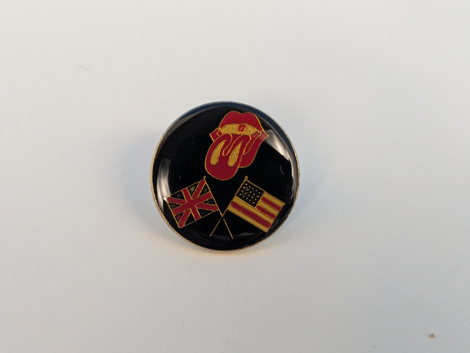 Rolling Stones Mouth Tongue British USA Flags Lapel Pin Hat Tack VTG 80s