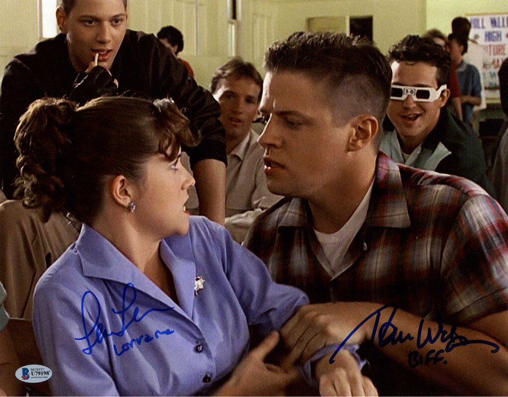 LEA THOMPSON TOM WILSON SIGNED 11×14 PHOTO BACK TO THE FUTURE BTTF BECKETT BAS