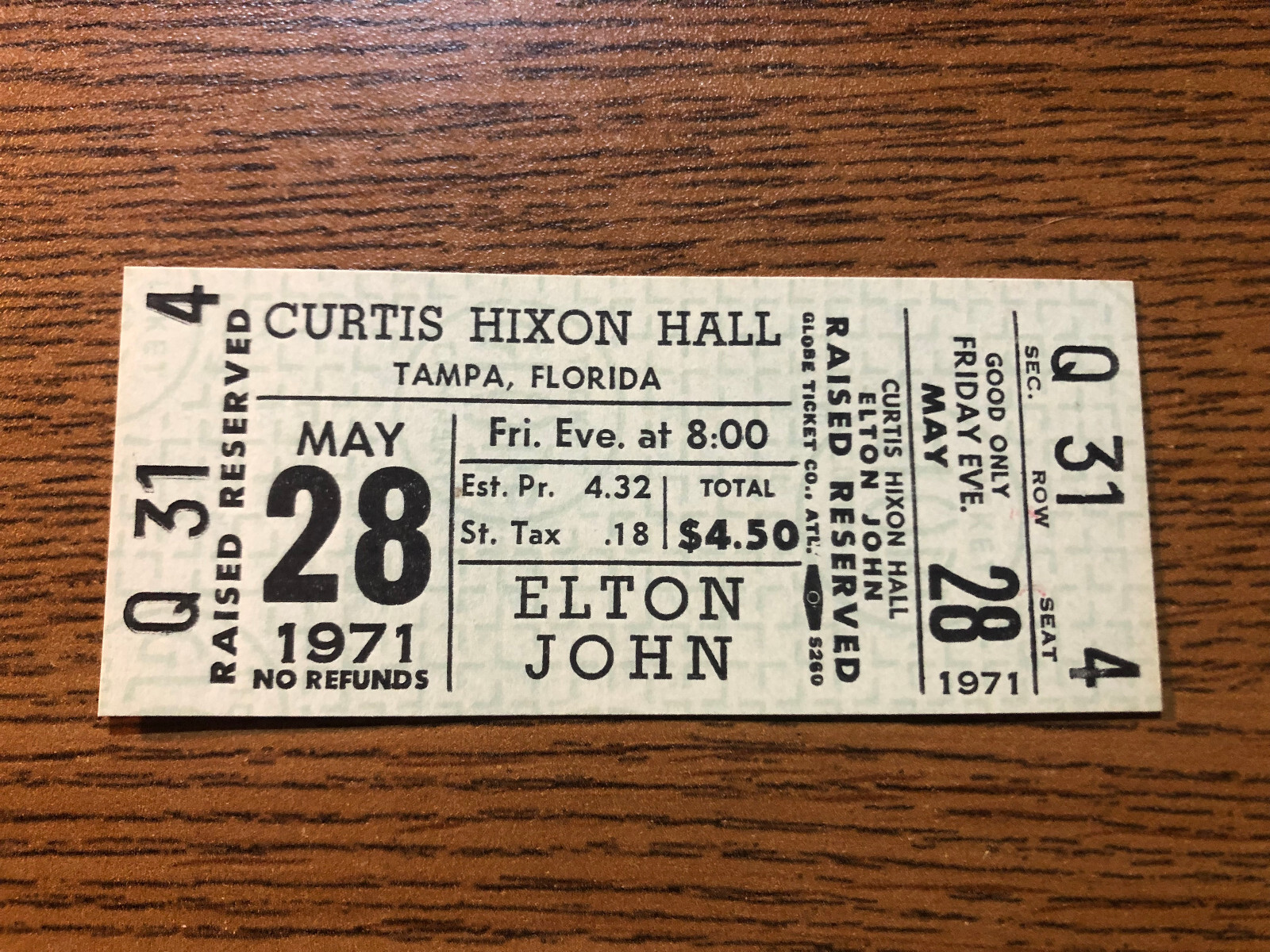 ELTON JOHN Curtis Hixon Hall Tampa, FL 5/28/1971 full ticket BEAUTIFUL RARE