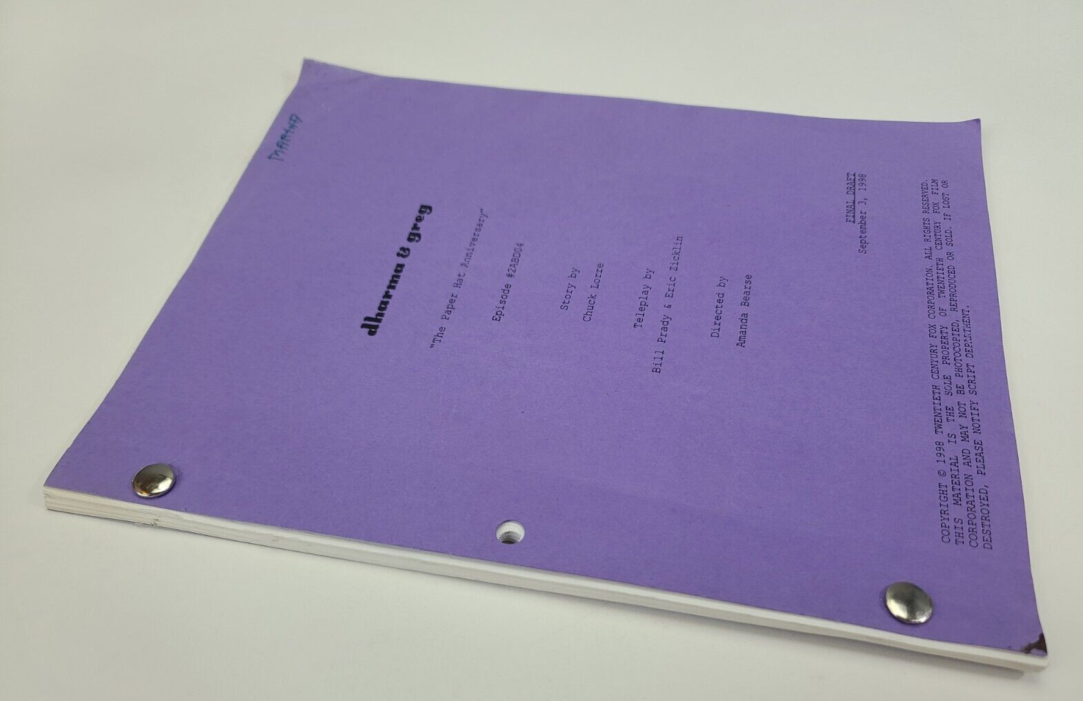 DHARMA & GREG / Bill Prady 1998 TV Script, Jenna Elfman “Paper Hat Anniversary”