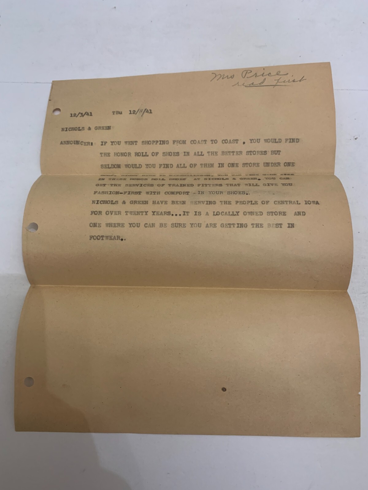 1941 Radio Broadcasting Brown & Green Shoes Marshalltown IA Commercial Script