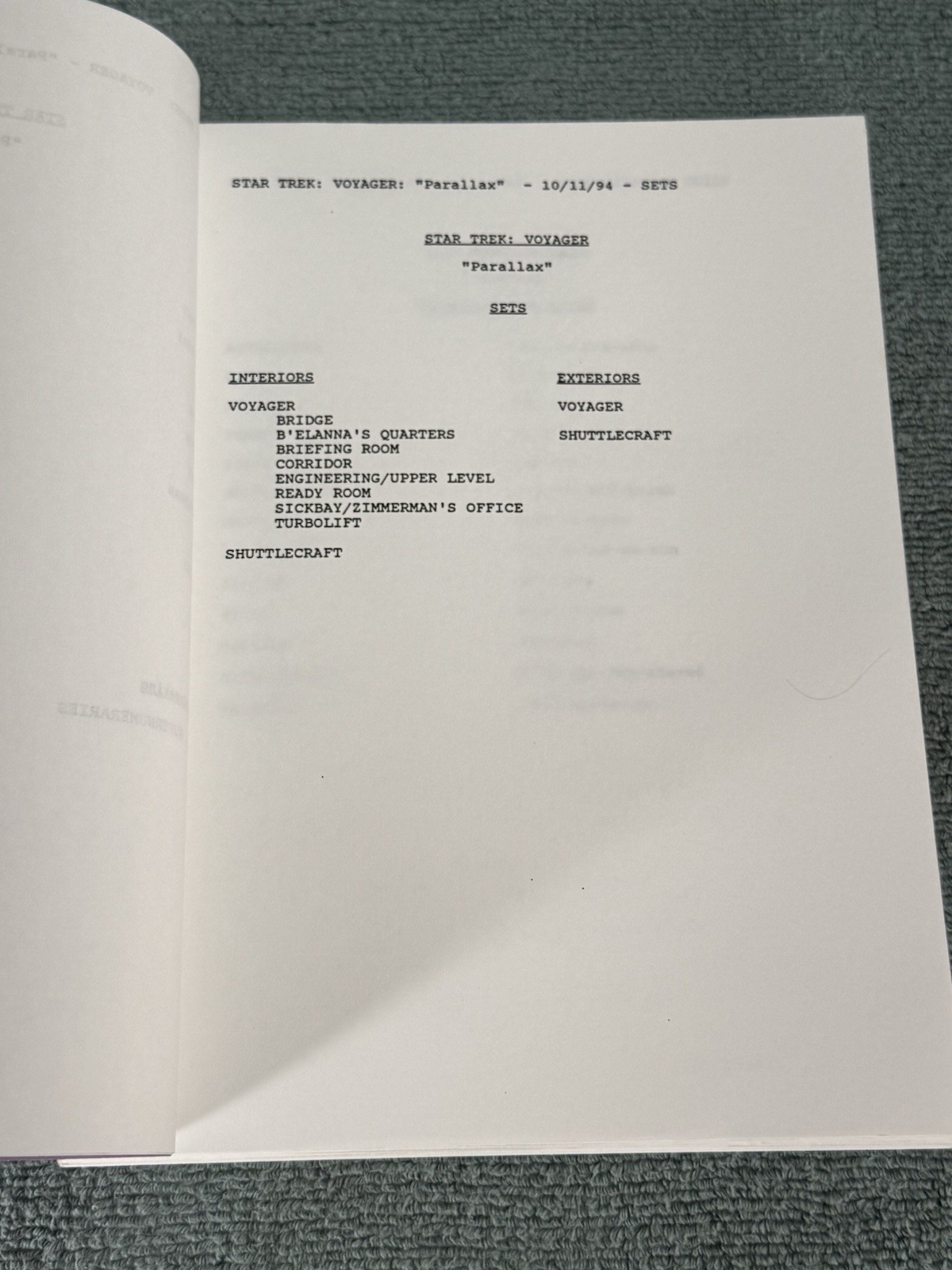Star Trek Voyager Original Studio Script Season 1 Episode 2 “Parallax”