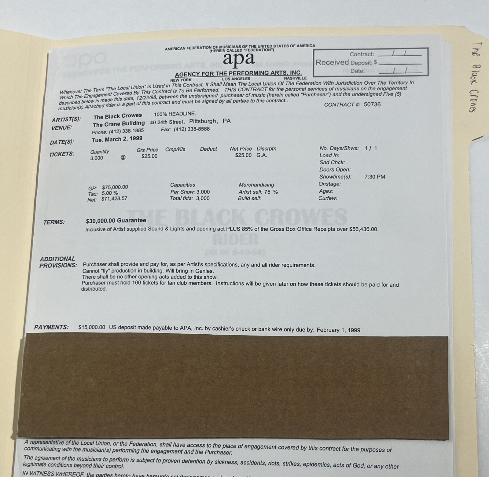 The Black Crowes Concert Contract 1999 Pittsburgh PA