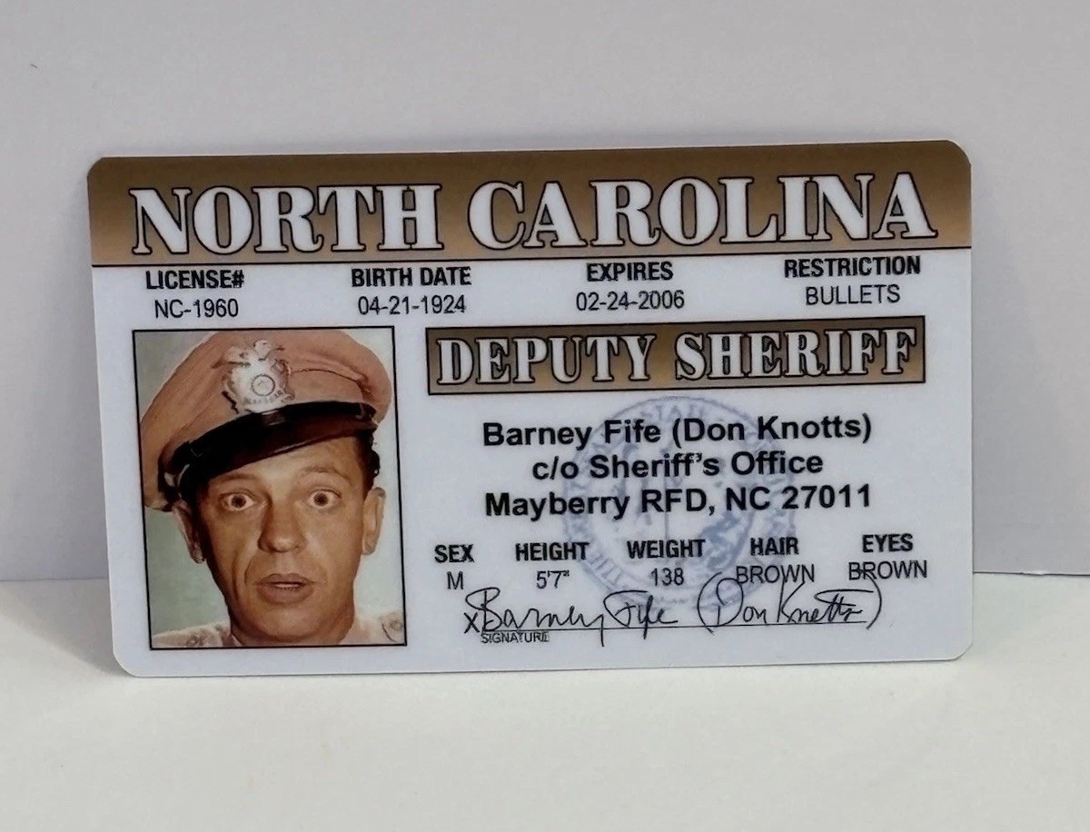 Barney Fife Don Knotts Mayberry NC Sheriff Novelty Andy Griffith ID | Free Ship