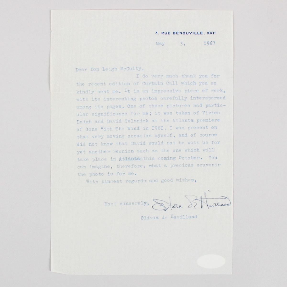 Olivia de Havilland Signed Letter TLS – COA JSA