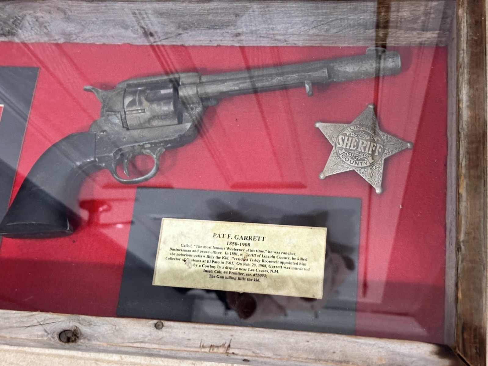 “Rustic Wood Pat Garrett Display Case – Perfect for Western Decor & Collectors”