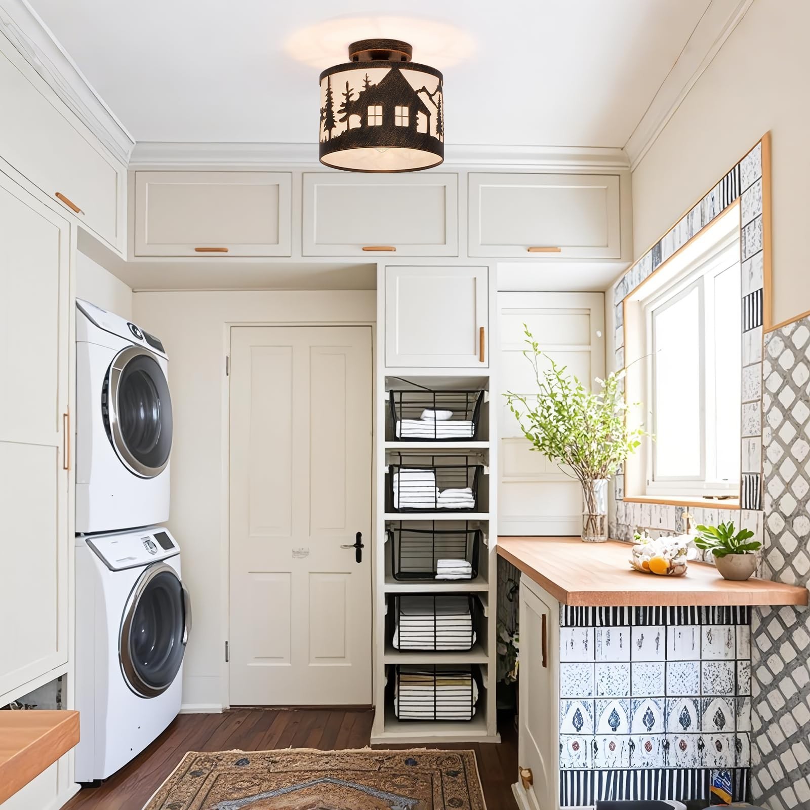 Rustic Semi Flush Mount Ceiling Light with Shade, Black Metal Farmhouse Fixtu…