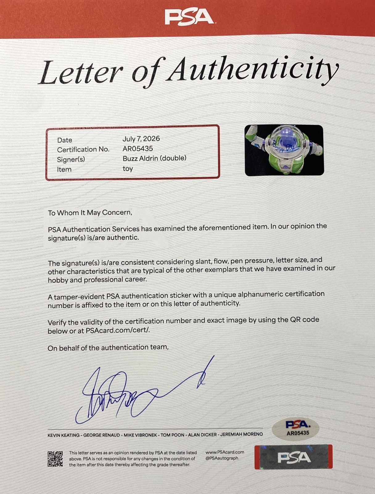 Buzz Lightyear Toy Story Signed by Buzz Aldrin (x2) & Tim Allen One-of-One! PSA