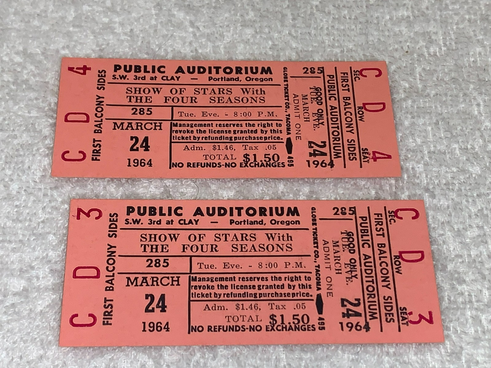 THE FOUR SEASONS 2 UNUSED 1964 CONCERT TICKETS FRANKIE VALLI SOUPY SALES PINK
