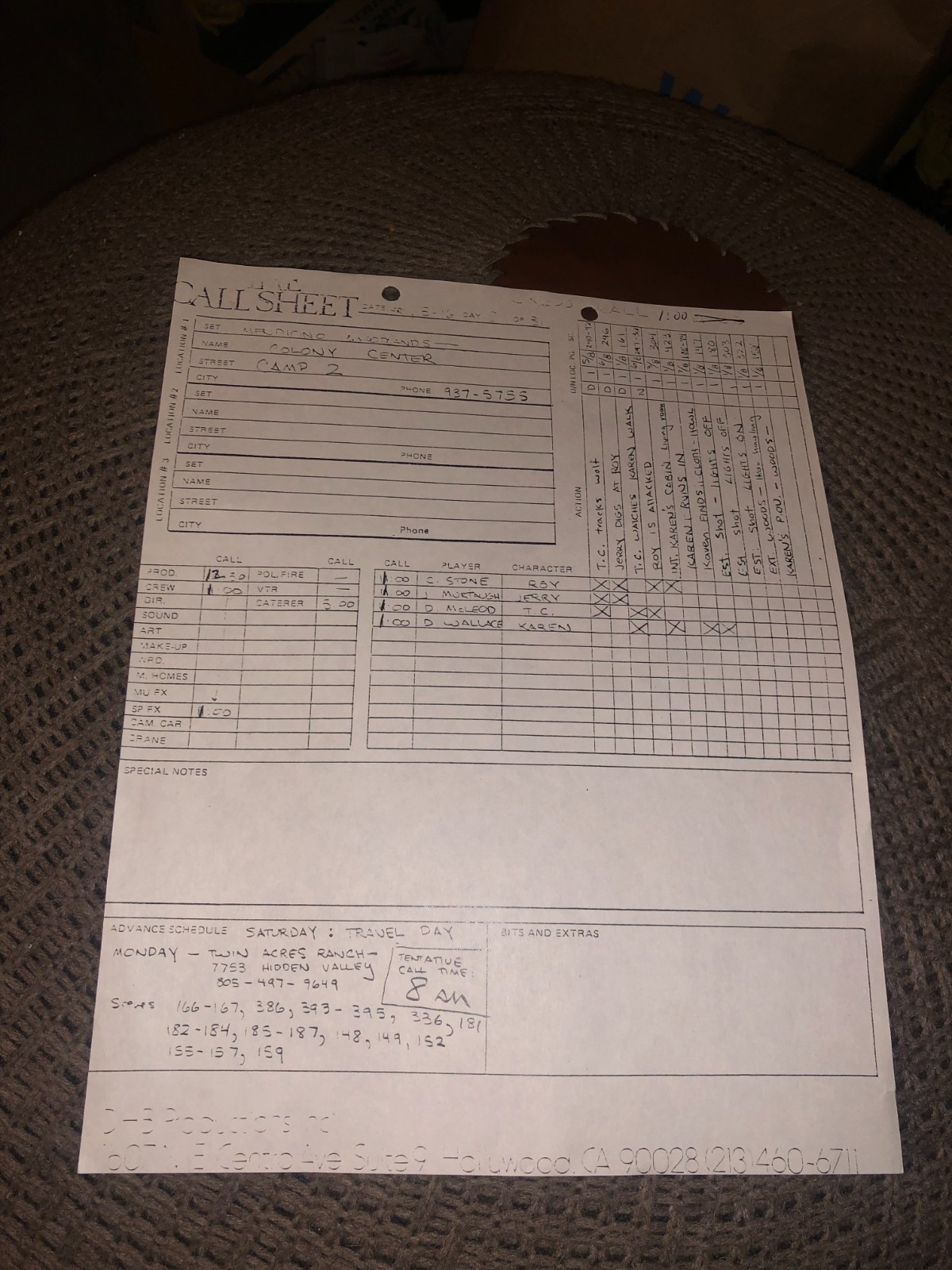 Original THE HOWLING (1981) Crew Owned Daniel H Blatt HORROR MOVIE CALL SHEET 11