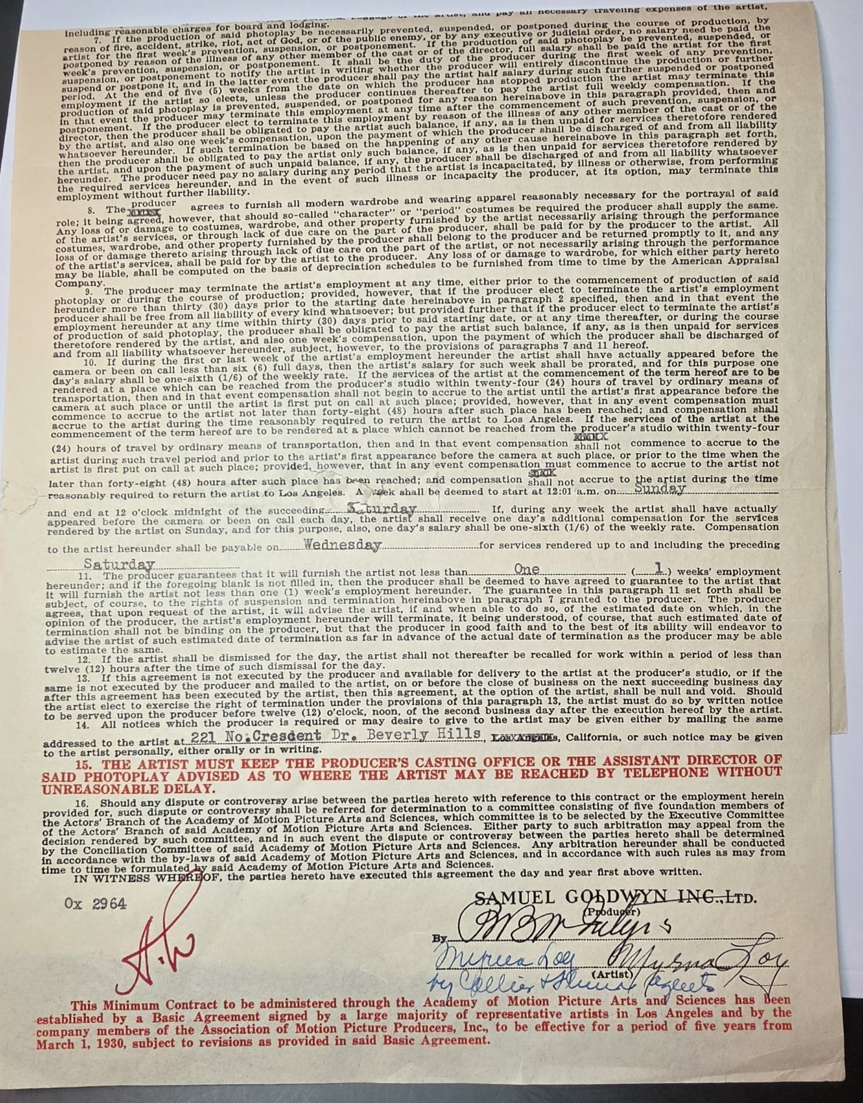 1931 Signed Myrna Loy Contract For The Movie Arrowsmith Samuel Goldwyn