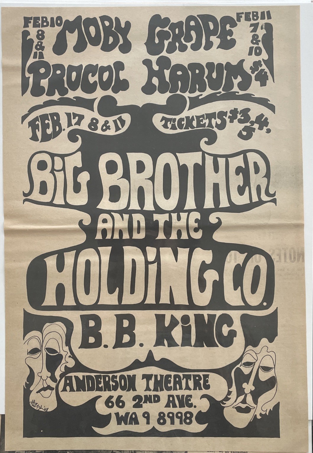1968 Procul Harum, Big Brother & Holding Co. ANDERSON THEATRE N.Y, Concert Ad