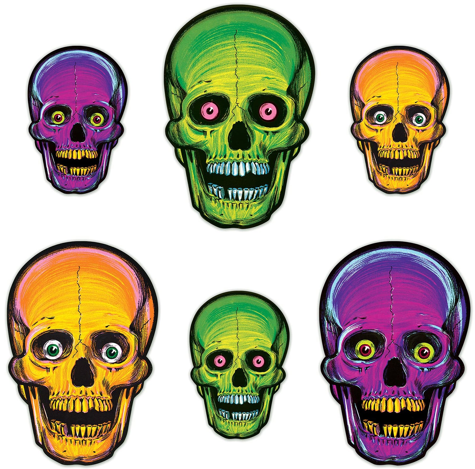 Halloween Skull Cutouts Glow Vintage Assorted Sizes 12 Piece 8.5 12.75 Inch