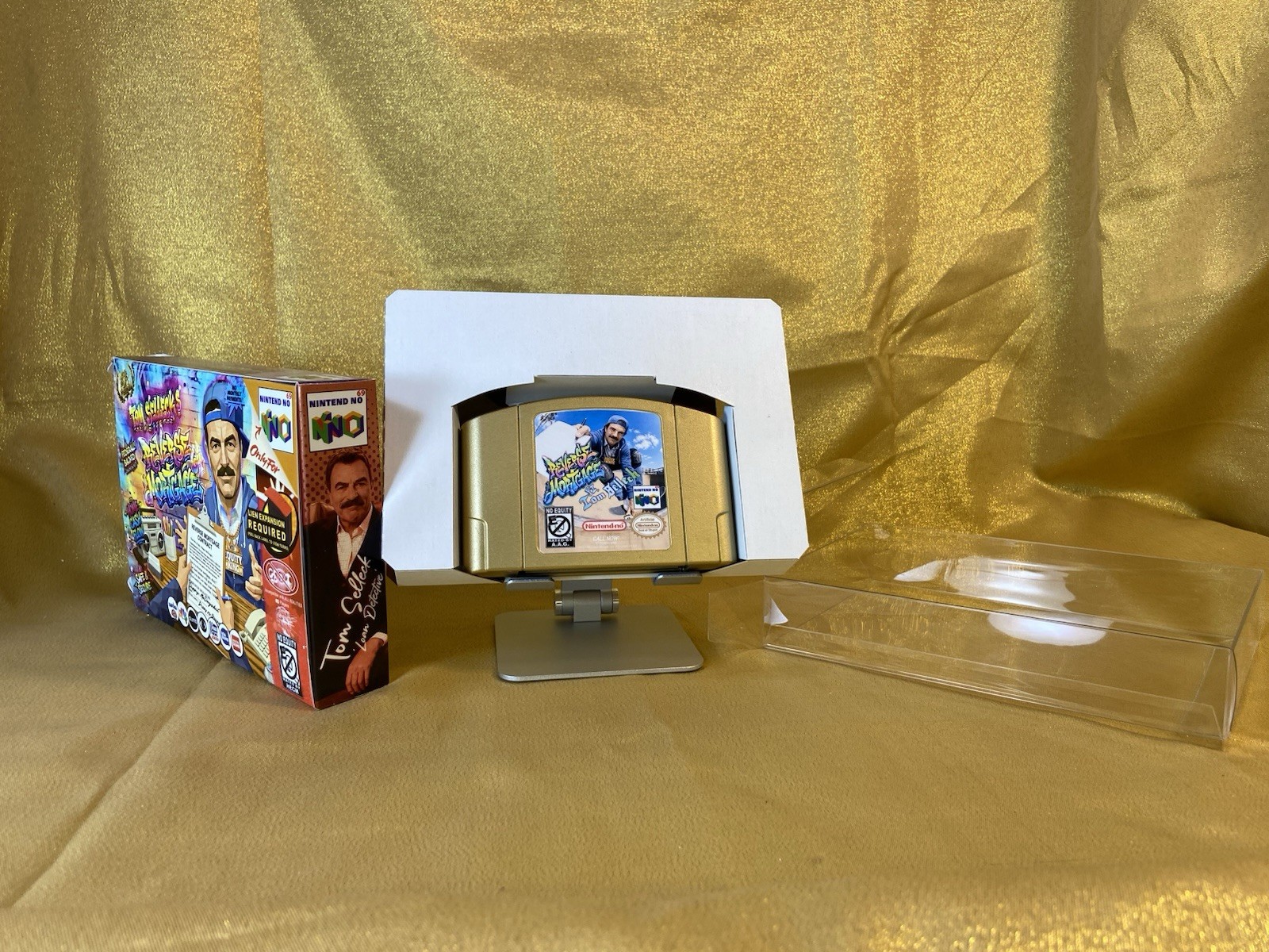 Tom Selleck Reverse Mortgage GOLD w/ contract Nintendo 64 style collectible