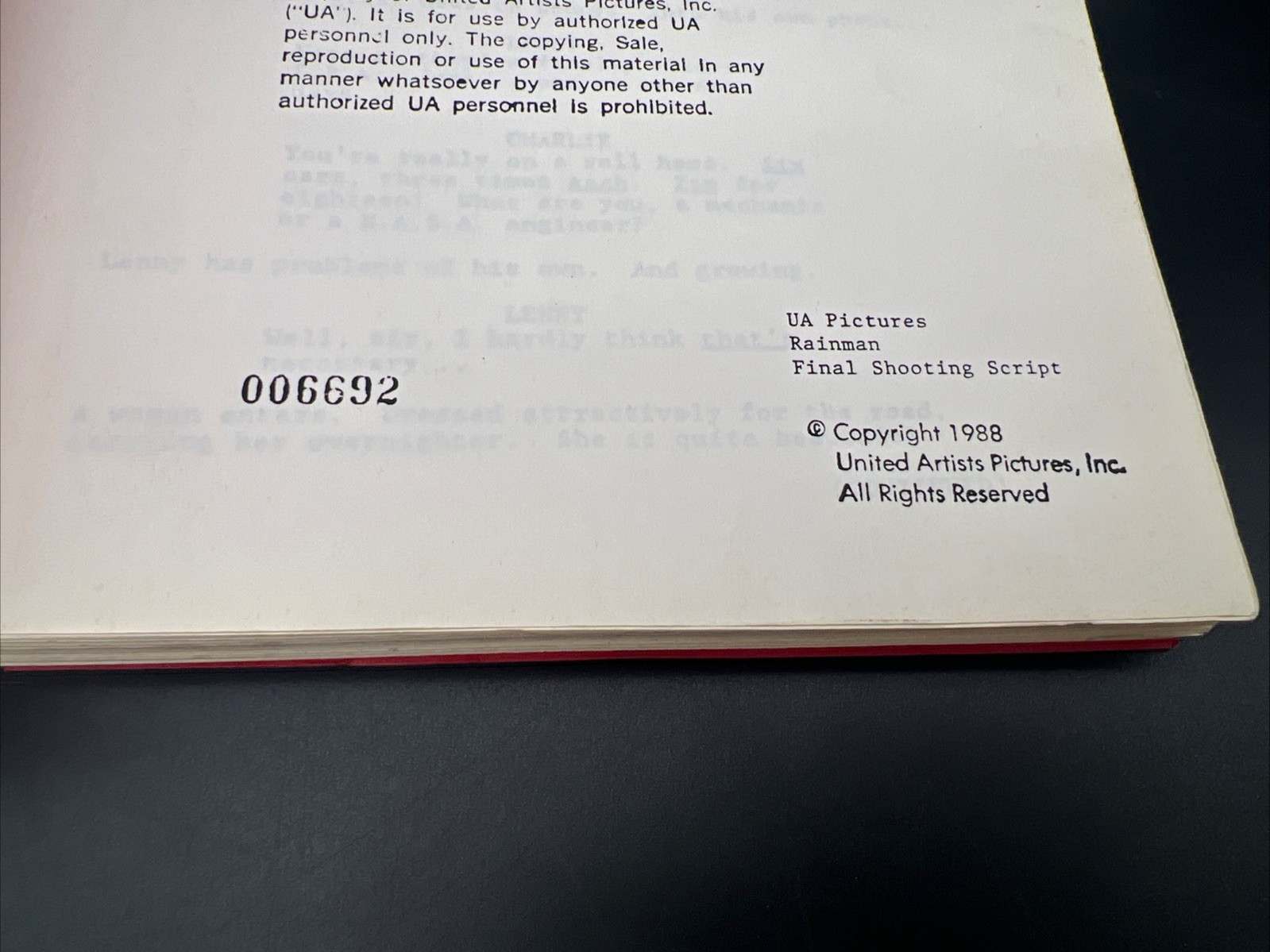 Rain Man Final Shooting Script 1988 UA Pictures #006692 Hoffman Cruise