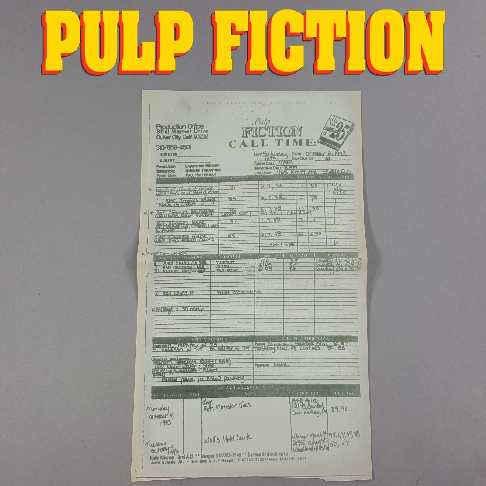 Pulp Fiction Movie Call Sheet – Jimmie’s Garage Samuel L. Jackson Tarantino 10th