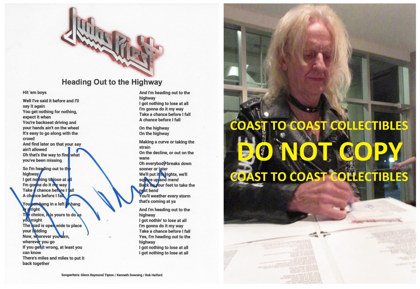 KK Downing Signed Judas Priest Heading out to the Highway Lyrics Sheet COA Proof